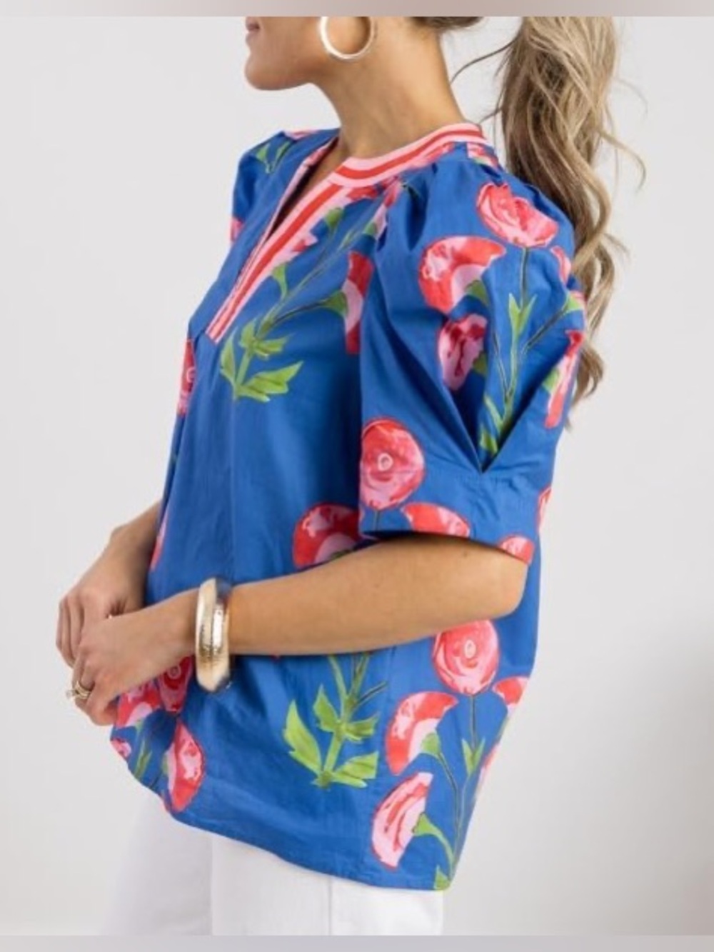 Entro Blue Floral Puff-Sleeve Blouse with Pink Trim Poplin Top Size Medium - Picture 8 of 10